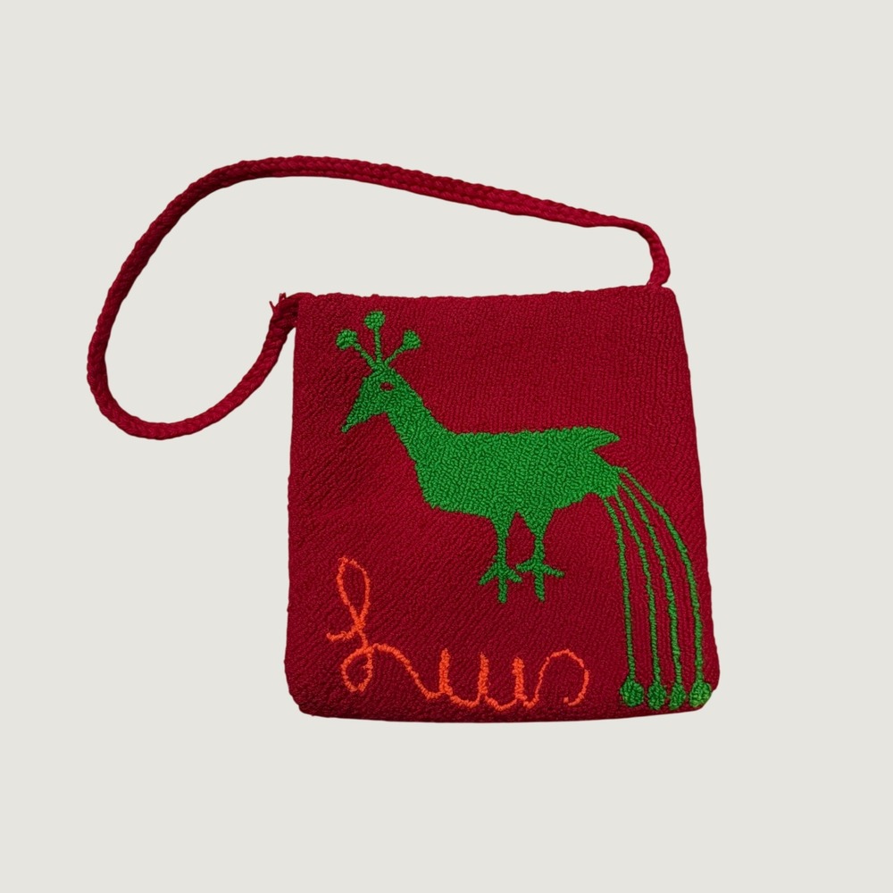 Handmade Wool Needlepoint Bird Flower Crossbody Bag Red Boho Eclectic Small